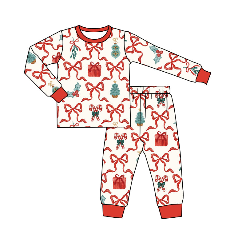 (Custom Design Preorder MOQ 20) Candy Cane Bows Holly Print Girls Christmas Pajamas Bamboo Clothes Set