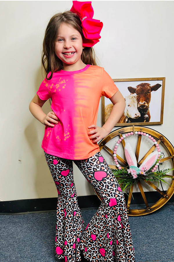 (Custom Design Preorder MOQ 5) Pink Top Leopard Bell Pants Girls Valentine's Day Clothes Set