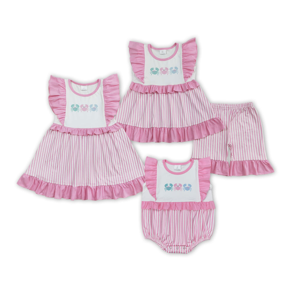 Crab Pink Stripes Print Sisters Summer Matching Clothes