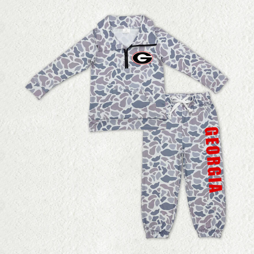 (Custom Design Preorder MOQ 5) Team's Georgia Grey Camo Zipper Top Pockets Pants Boys Fall Clothes Set