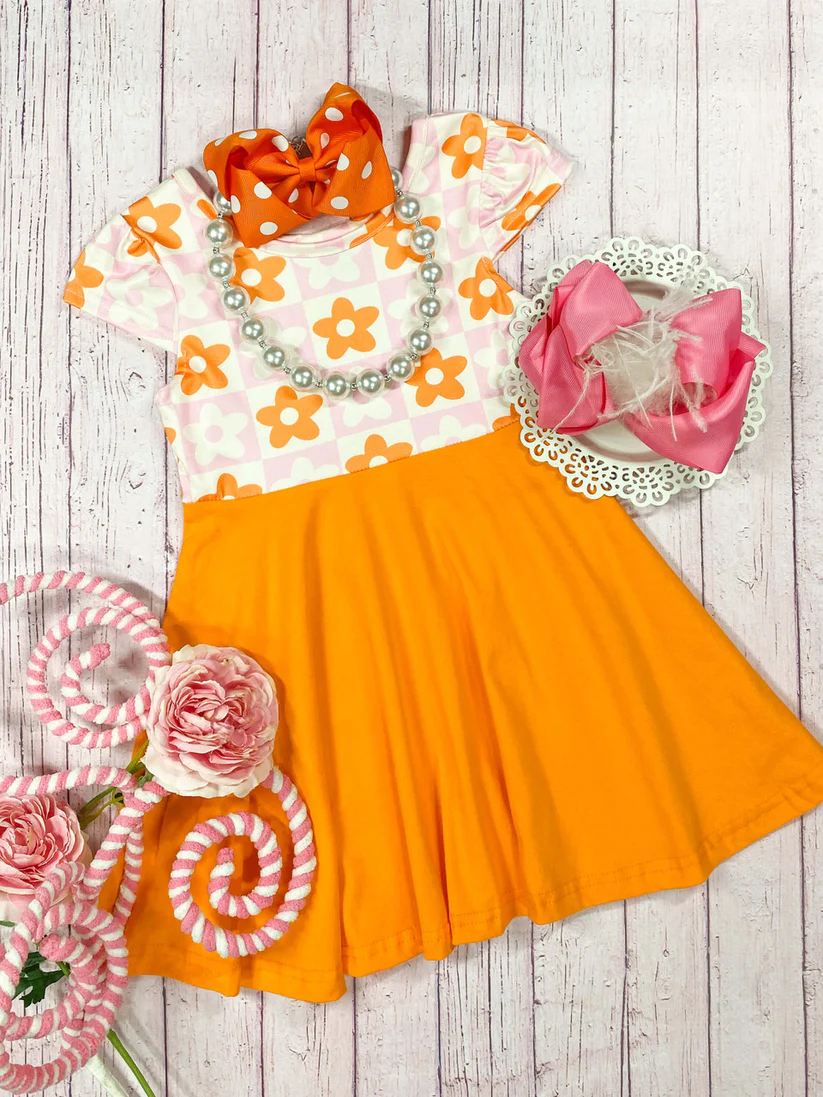 (Custom Design Preorder MOQ 5) Orange Flowers Print Girls Summer Knee Length Dress