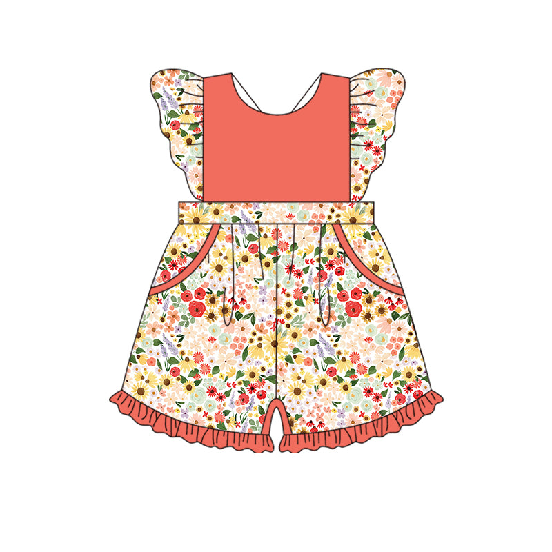 12.10(Custom Design Preorder MOQ 5) Sunflaowers Print Girls Summer Pockets Jumpsuits