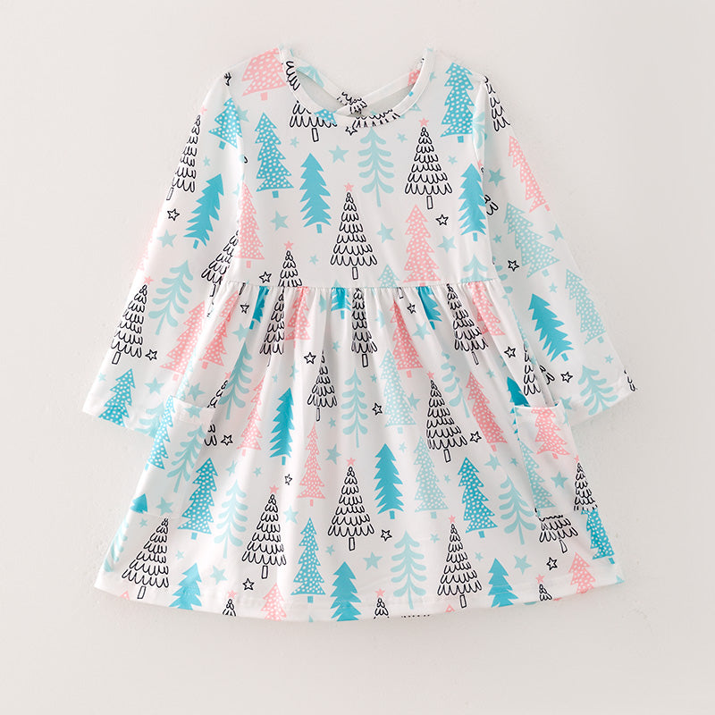 (Custom Design Preorder MOQ 5) Blue Tree Print Girls Christmas Knee Length Dress