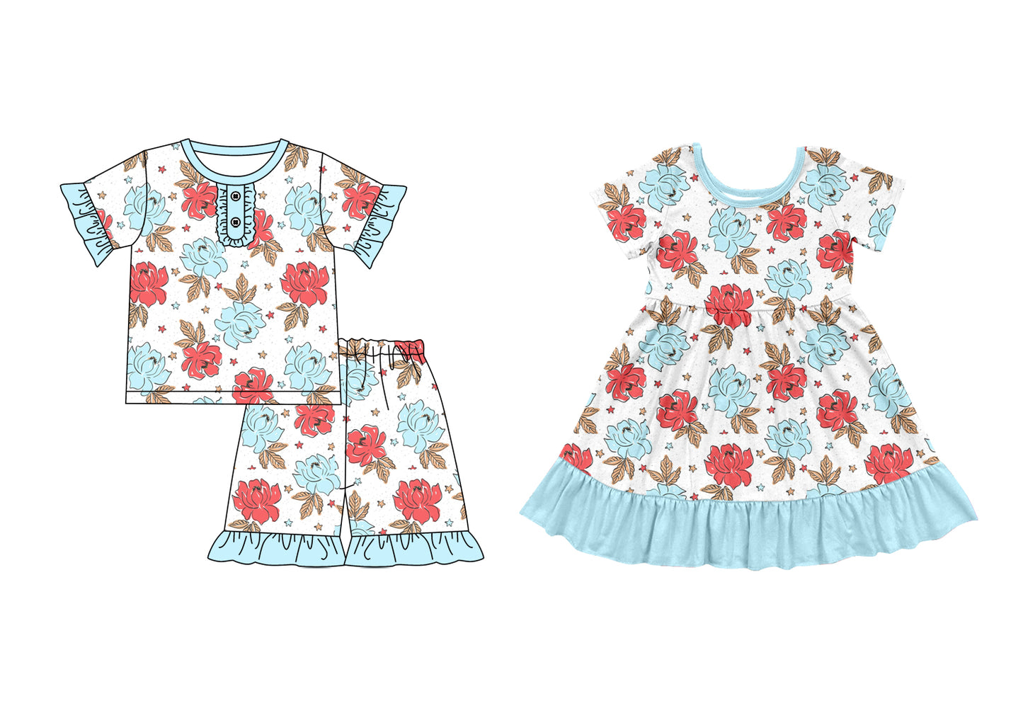 3.31(Custom Design Preorder MOQ 5 Each Design) Blue Red Flowers Print Girls Summer Matching Clothes Sisters Wear