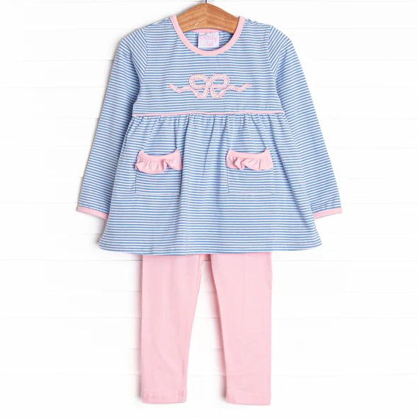 (Custom Design Preorder MOQ 5) Bows Blue Stripes Pockets Tunic Top Pink Pants Girls Clothes Set