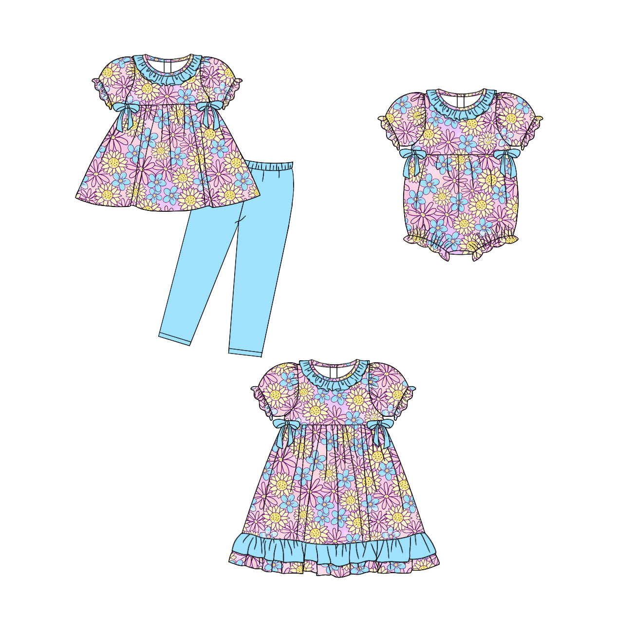 5.6(Custom Design Preorder MOQ 5 Each Design) Colorful Flowers Print Girls Matching Clothes Sisters Wear