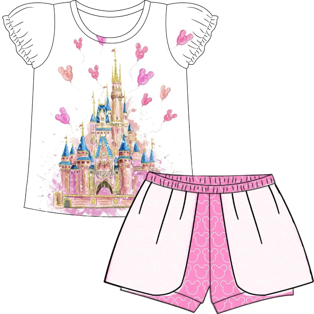 (Custom Design Preorder MOQ 5) Cartoon Castle Print Boys Summer Clothes Set