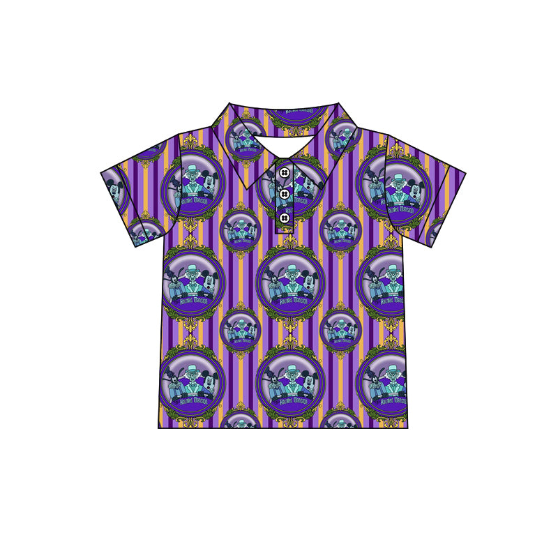 (Custom Design Preorder MOQ 5) Cartoon Mouse Purple Stripes Print Boys Summer Polo Tee Shirts Top