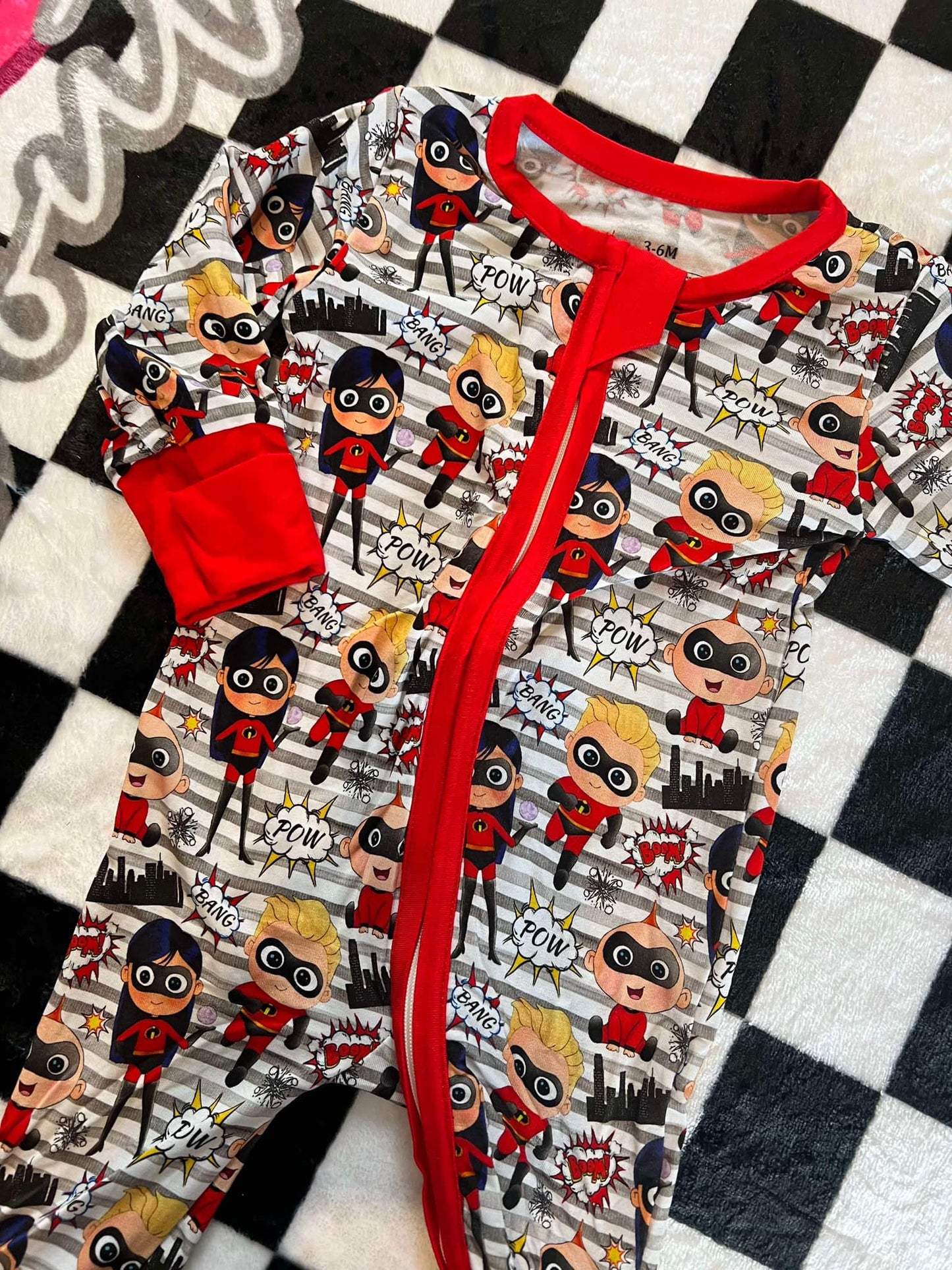 (Custom Design Preorder MOQ 20) Cartoon Figure POW Print Baby Fall Bamboo Sleeper Zipper Romper