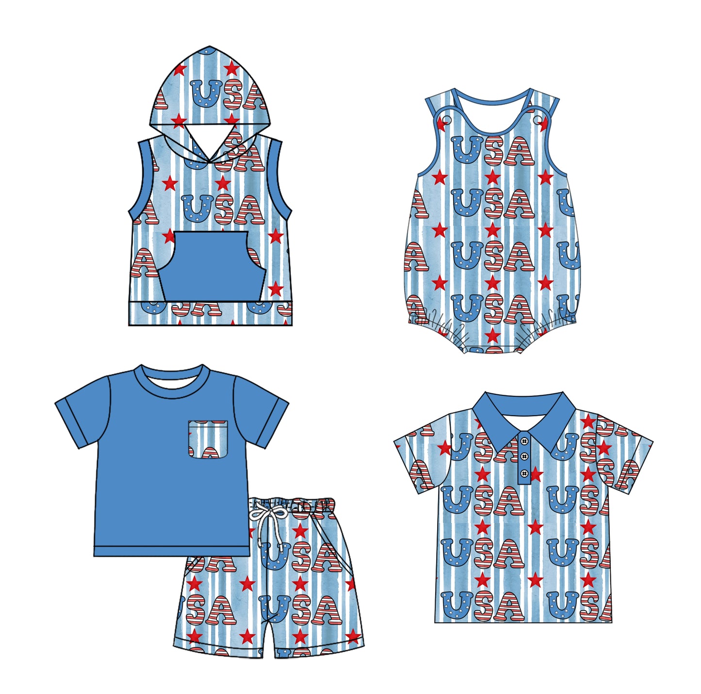 1.18(Custom Design Preorder MOQ 5 Each Design) USA Stars Blue Print Boys 4th of July Matching Clothes Brothers Wear
