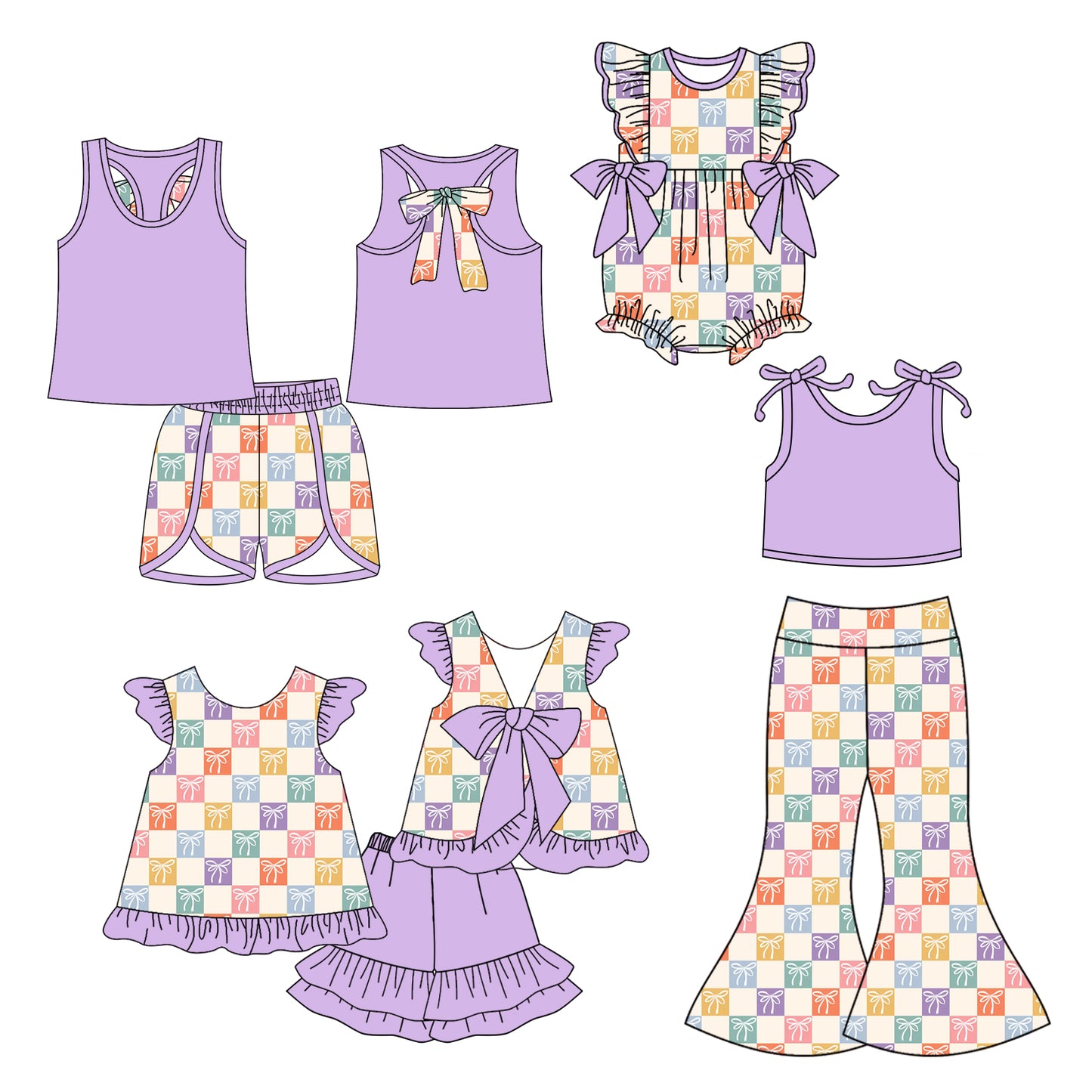 5.5(Custom Design Preorder MOQ 5 Each Design) Colorful Plaid Bows Print Girls Summer Matching Clothes Sisters Wear