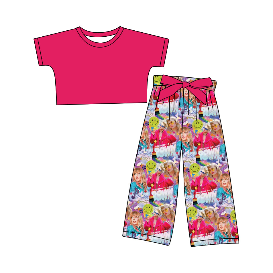 12.10(Custom Design Preorder MOQ 5) Red Top Singer Swiftie Smiling Face Pants Girls Clothes Set