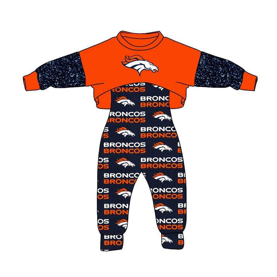 (Custom Design Preorder MOQ 5 ) Team's Broncos Orange Top Jumpsuits Girls Fall Clothes Set