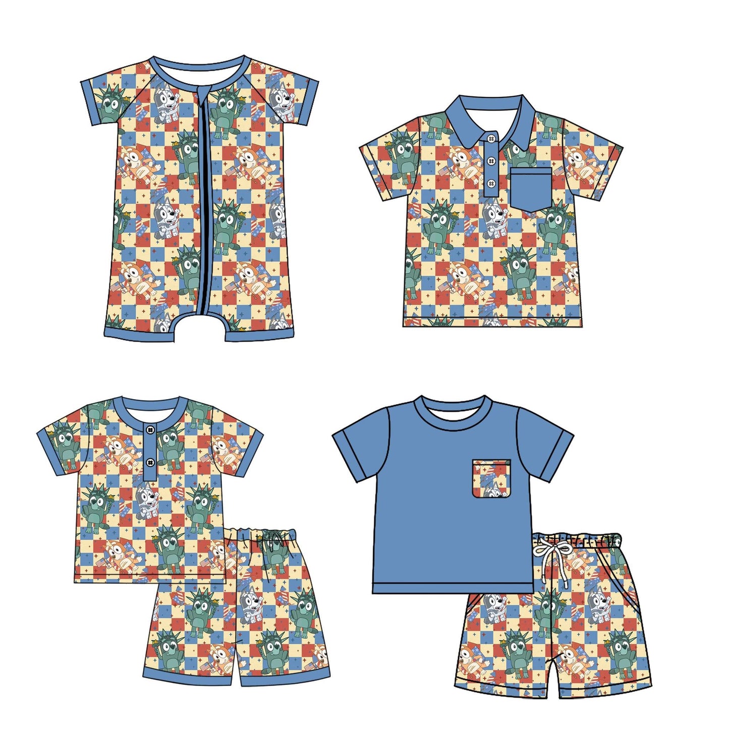 4.16(Custom Design Preorder MOQ 5 Each Design) Cartoon Dog Plaid Stars Print Boys 4th of July Matching Clothes Brothers Wear