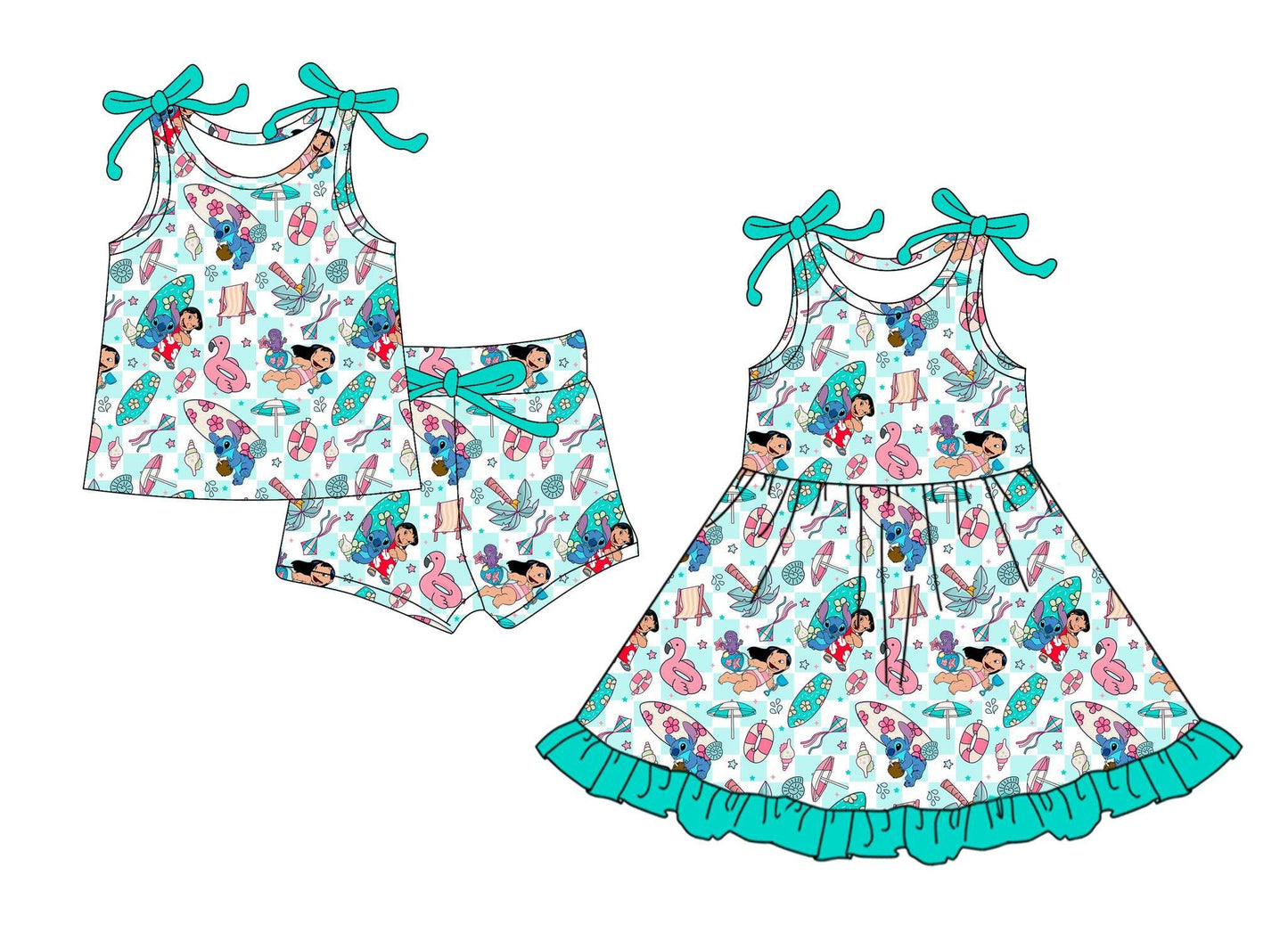 4.16(Custom Design Preorder MOQ 5 Each Design) Cartoon Stitc* Plaid Surfing Print Girls Summer Matching Clothes Sisters Wear