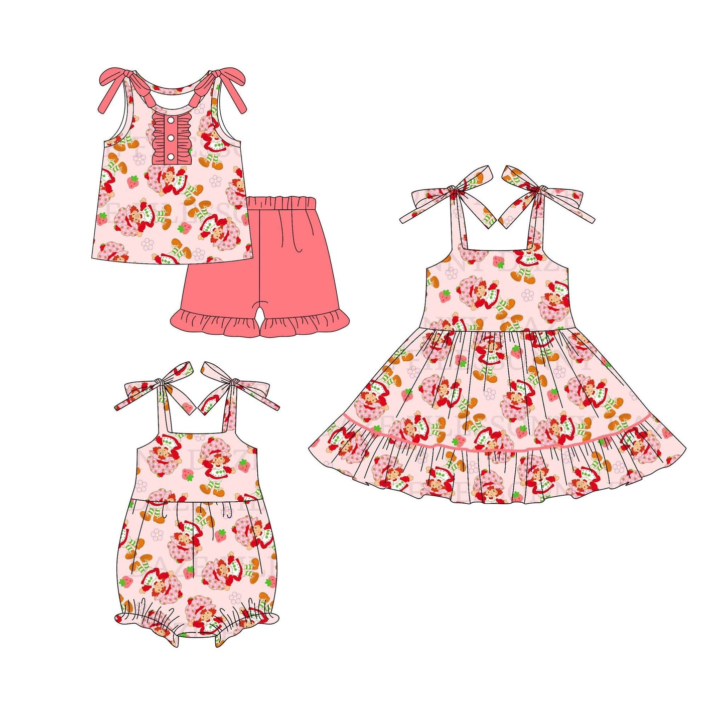 4.16(Custom Design Preorder MOQ 5 Each Design) Strawberry Girl Flowers Print Girls Summer Matching Clothes Sisters Wear