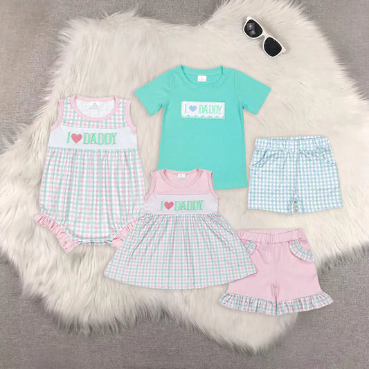 I LOVE DADDY Embroidery Plaid Print Sibling Summer Matching Clothes
