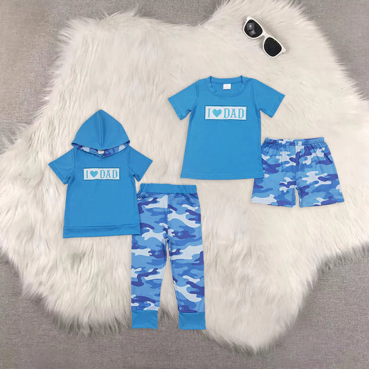 I LOVE DAD Embroidery Top Blue Camo Shorts & Pants Boys Clothes Set Brothers Wear