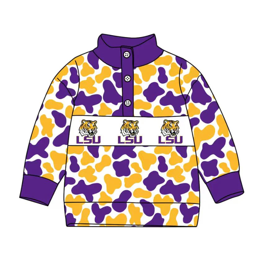(Custom Design Preorder MOQ 5 Each Item) Team's LSU Tigers Camo Print Long Sleeve Polo Top Mom and Me Matching Clothes