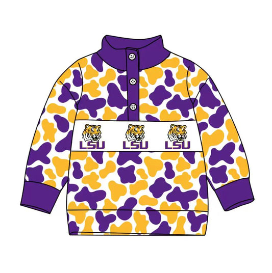 (Custom Design Preorder MOQ 5 Each Item) Team's LSU Tigers Camo Print Long Sleeve Polo Top Mom and Me Matching Clothes