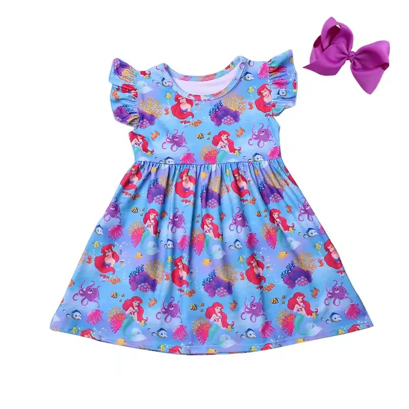 (Custom Design Preorder MOQ 5) Cartoon Princess Mermaid Print Girls Summer Knee Length Dress