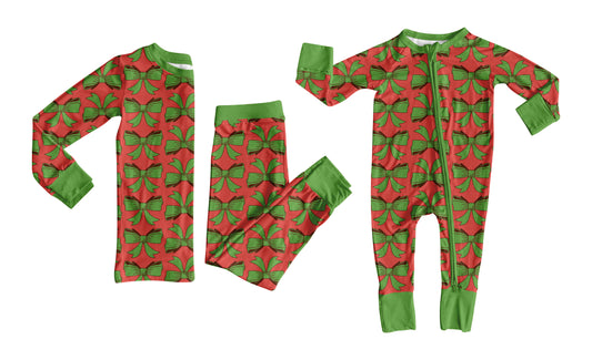 8.1 (Custom Design Preorder MOQ 5 Each Design) Green Bows Red Print Girls Christmas Pajamas Matching Clothes Sisters Wear