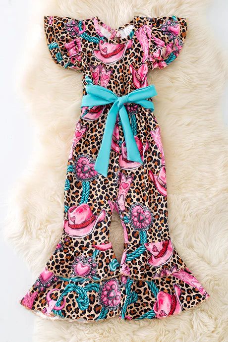 (Custom Design Preorder MOQ 5 ) Hat Boots Leopard Heart Print Girls Valentine's Day Jumpsuits