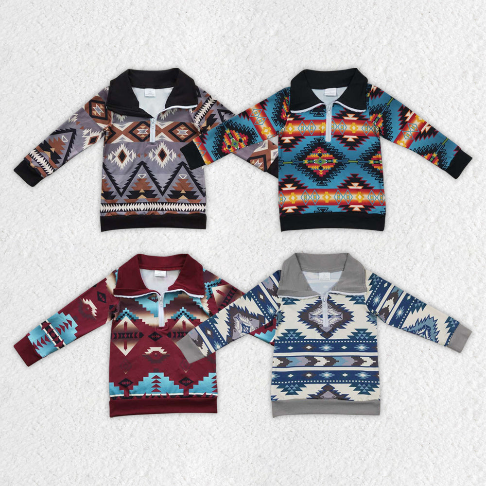 4 Colors Boys Long Sleeve Aztec Print Western Zipper Pullover Top