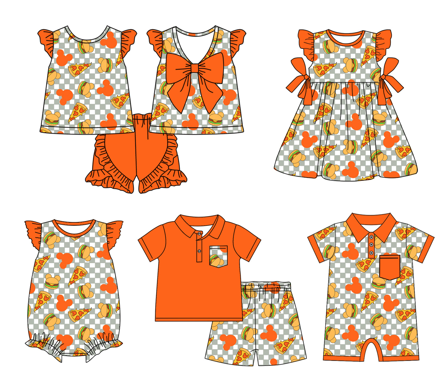 11.22(Custom Design Preorder MOQ 5 Each Design) Cartoon Mouse Burger Pizza Plaid Print Kids Summer Matching Clothes Sibling Wear