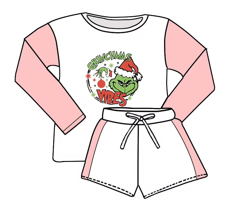 (Custom Design Preorder MOQ 5) Green Frog Long Sleeve Top Shorts Girls Christmas Clothes Set