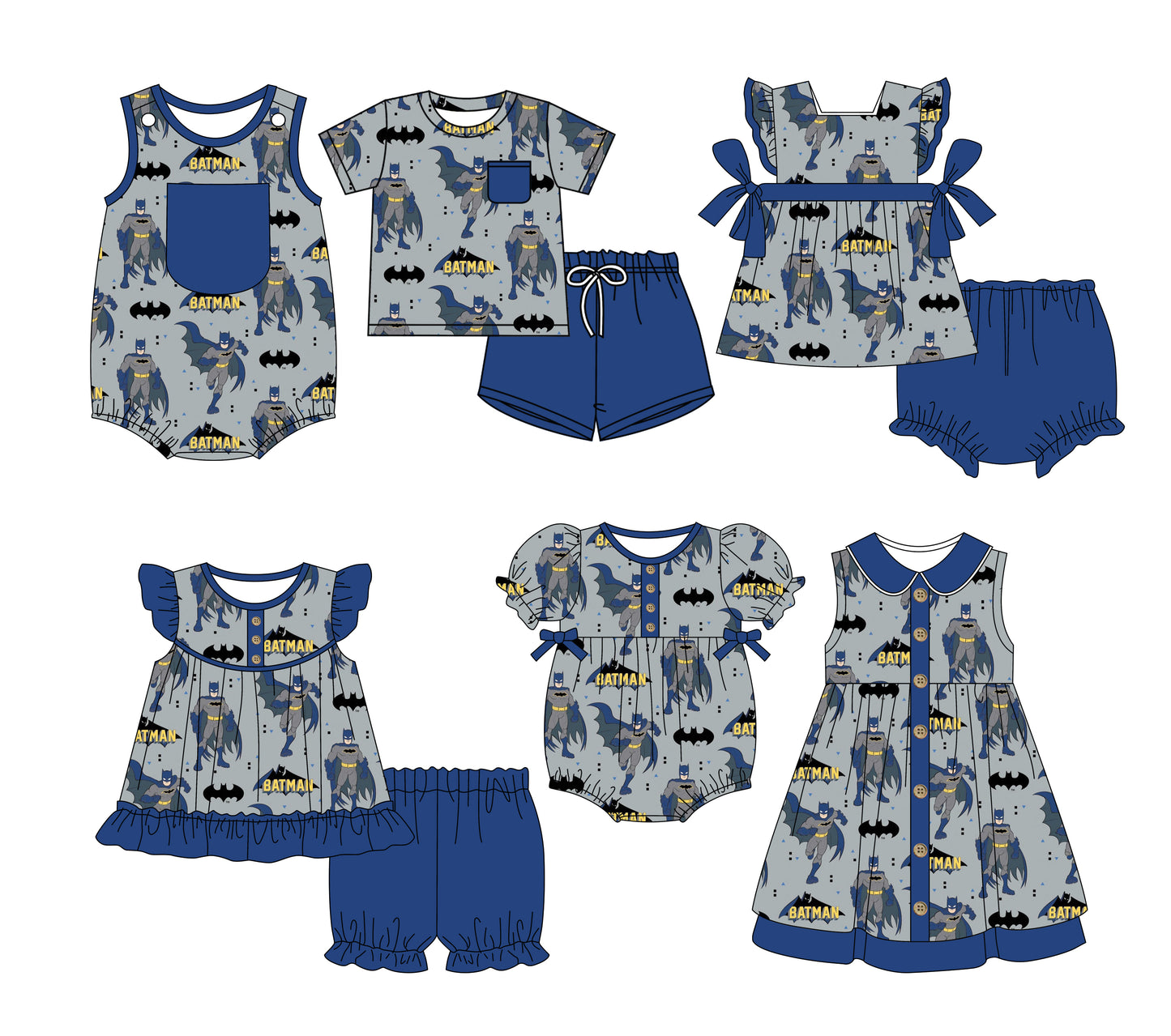 3.3(Custom Design Preorder MOQ 5 Each Design) Cartoon Hero Bat Man Blue Print Kids Summer Matching Clothes Sibling Wear