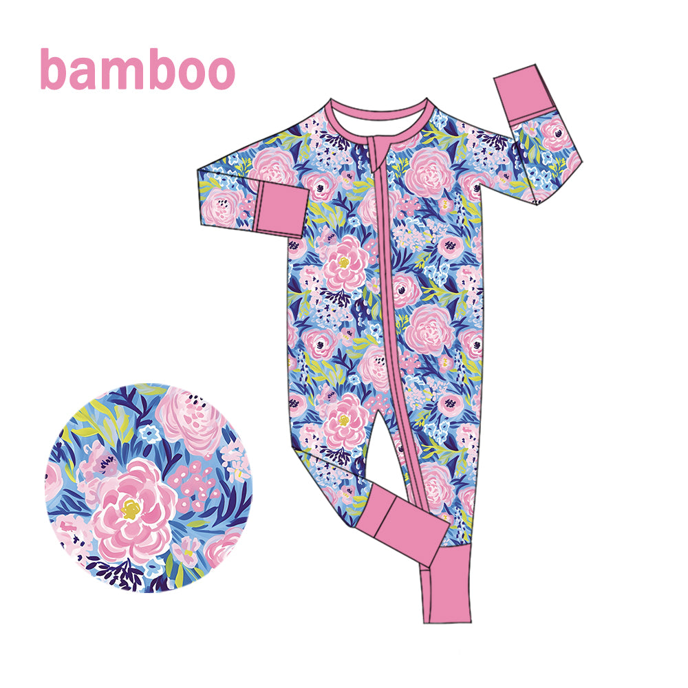 (Custom Design Preorder MOQ 20) Flowers Pink Print Baby Girls Fall Long Sleeve Bamboo Sleeper Zipper Romper