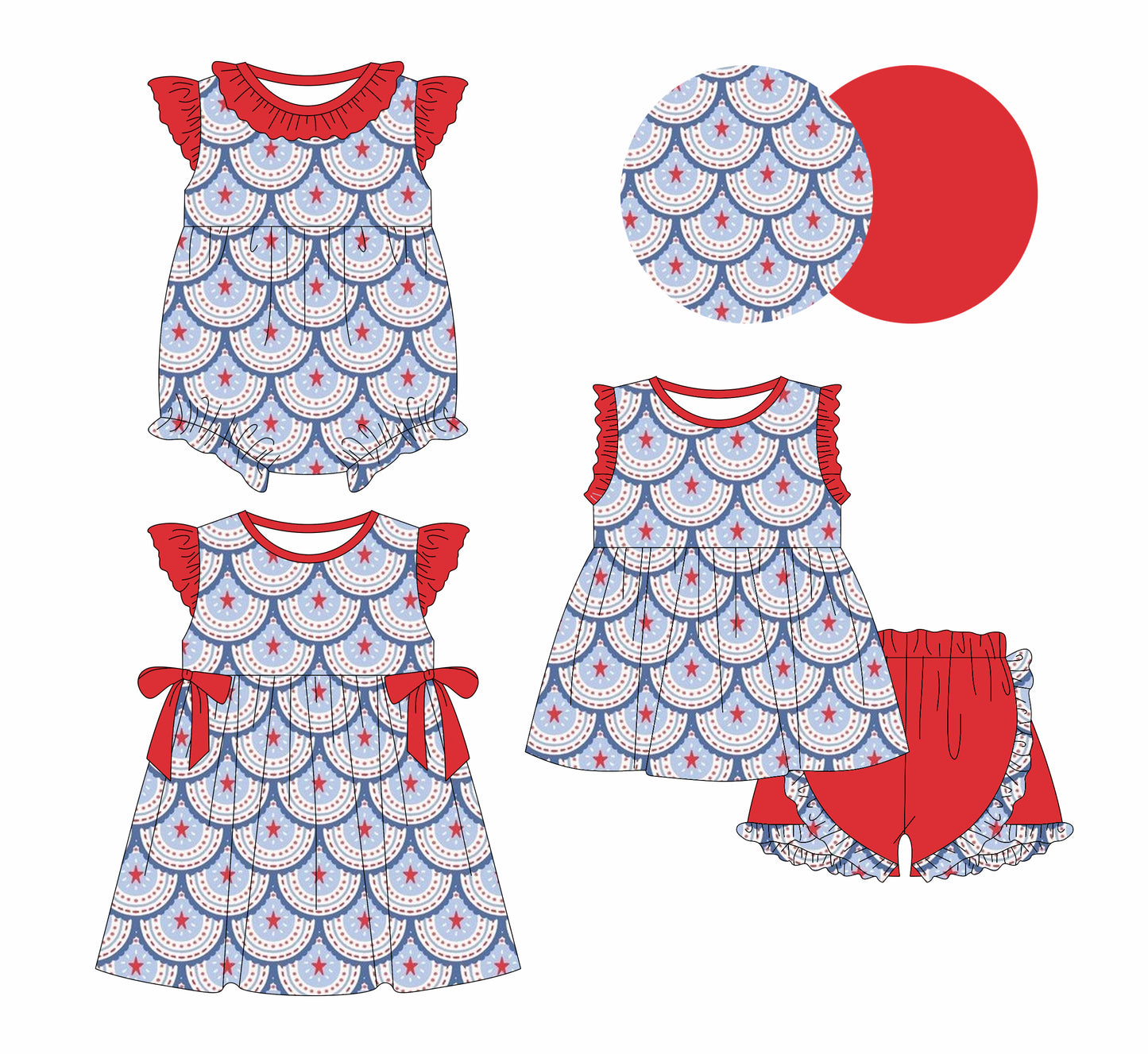 12.5 (Custom Design Preorder MOQ 5 Each Design) Stars Rainbow Print Girls 4th of July Matching Clothes Sisters Wear