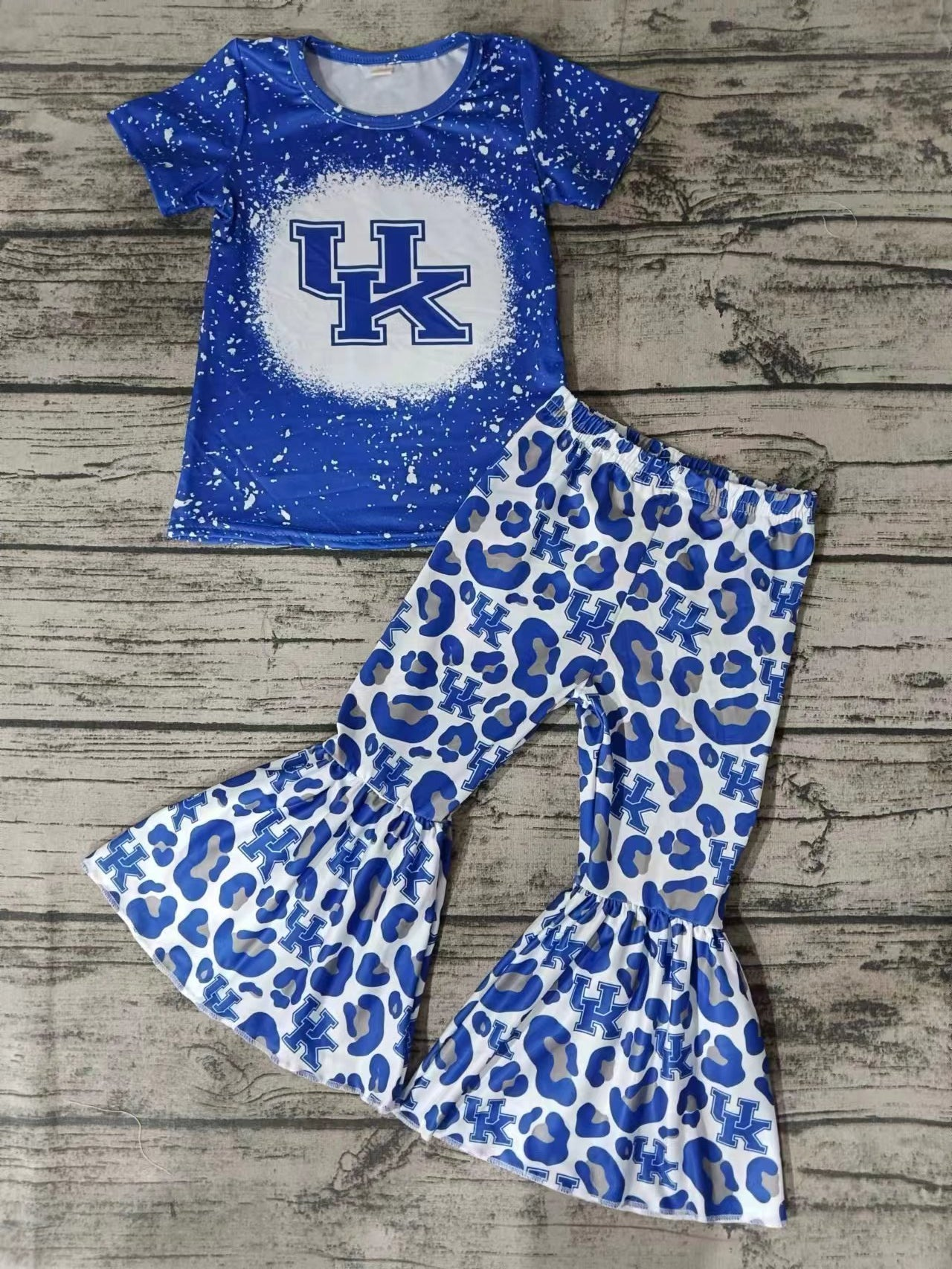 (Custom Design Preorder MOQ 5) Blue Leopard Football Print Bell Pants Girls Clothes Set