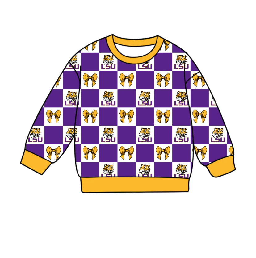 (Custom Design Preorder MOQ 5 ) Team's LSU Tigers Bows Plaid Print Girls Long Sleeve Tee Shirts Top