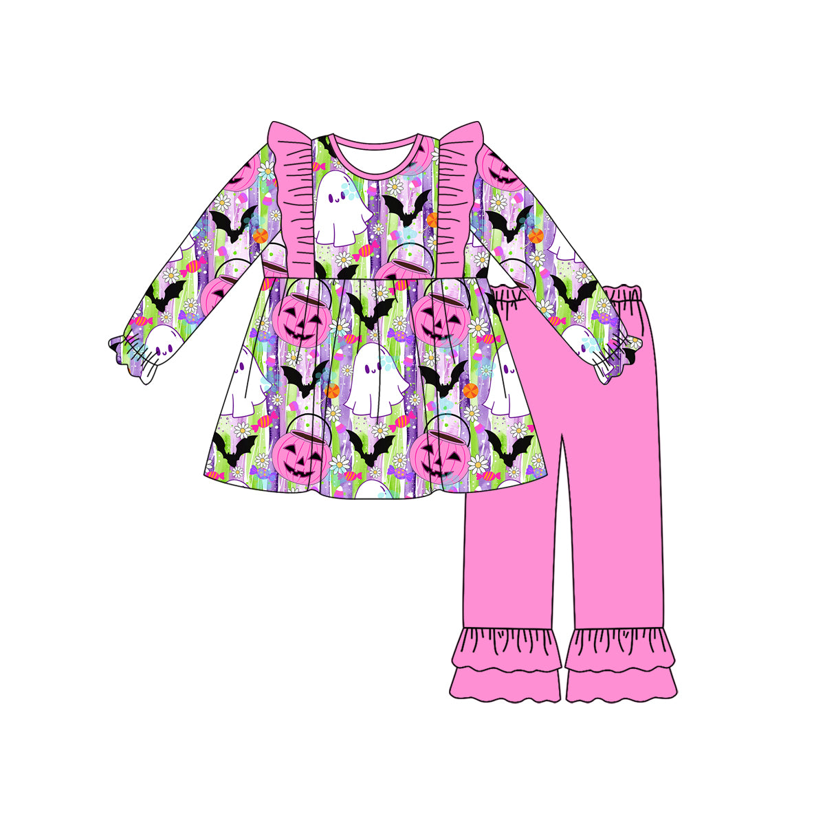 (Custom Design Preorder MOQ 5) Ghost Pumpkin Tunic Top Ruffle Pants Girls Halloween Clothes Set