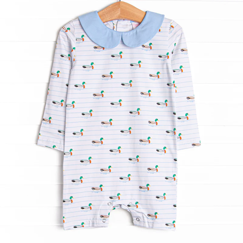 (Custom Design Preorder MOQ 5) Duck Stripes Print Baby Boys Summer Romper