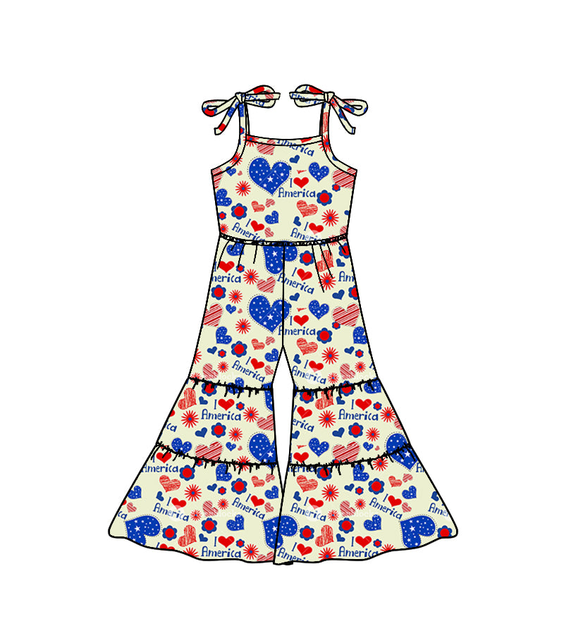 (Custom Design Preorder MOQ 5) Star Heart Print Girls 4th of July Jumpsuits