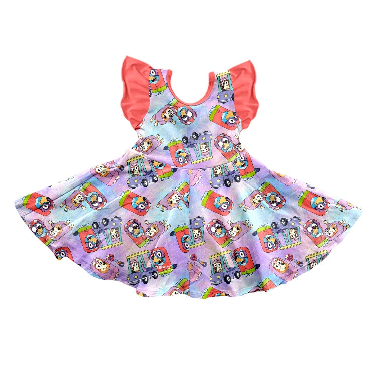 (Custom Design Preorder MOQ 5) Cartoon Dog Tie-dye Print Girls Summer Knee Length Dress