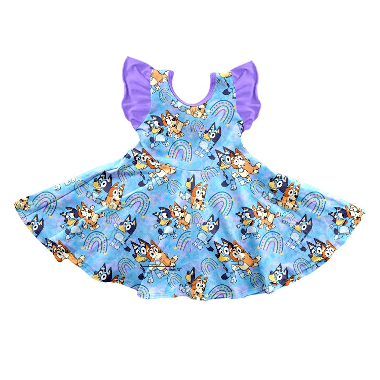 (Custom Design Preorder MOQ 5) Cartoon Dog Rainbow Print Girls Summer Knee Length Dress