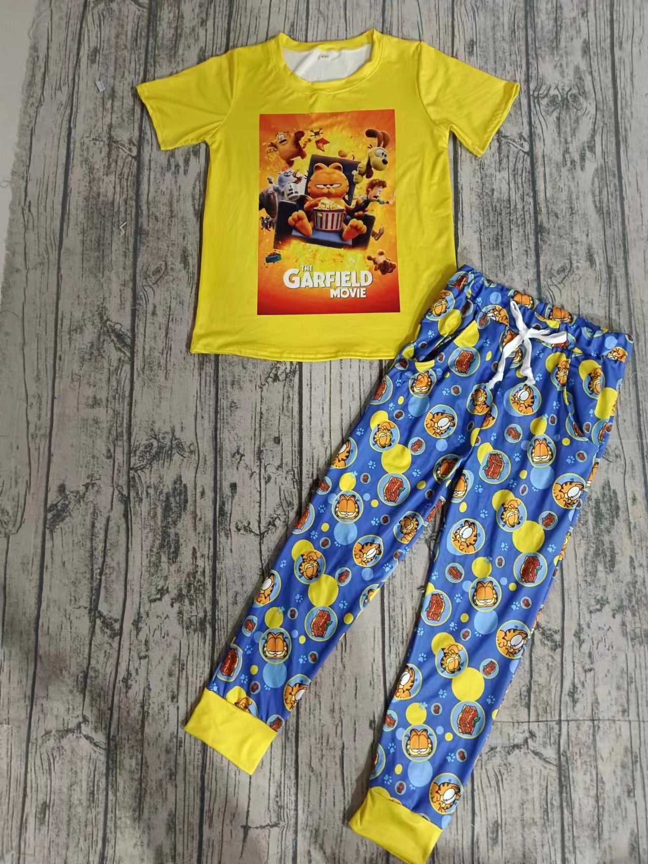 (Custom Design Preorder MOQ 5) Yellow Cartoon Cat Print Kids Clothes Set