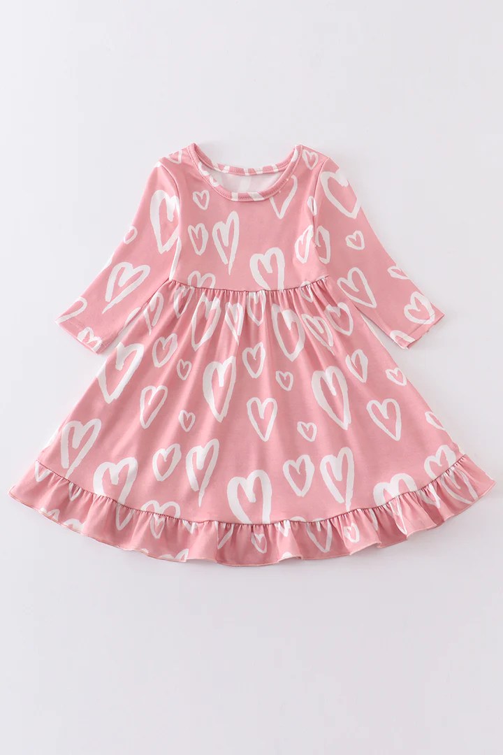 (Custom Design Preorder MOQ 5) Pink Heart Print Girls Valentine's Knee Length Dress