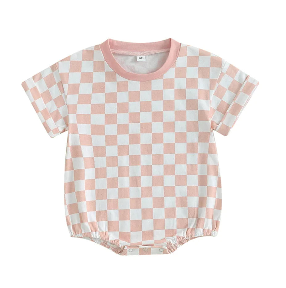 (Custom Design Preorder MOQ 5) Pink Plaid Print Baby Kids Summer Romper