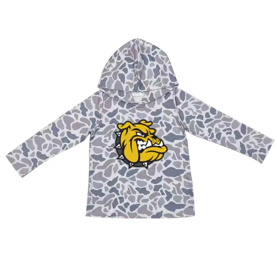(Custom Design Preorder MOQ 5) Team Bulldogs Grey Camo Print Kids Long Sleeve Hoodie Top
