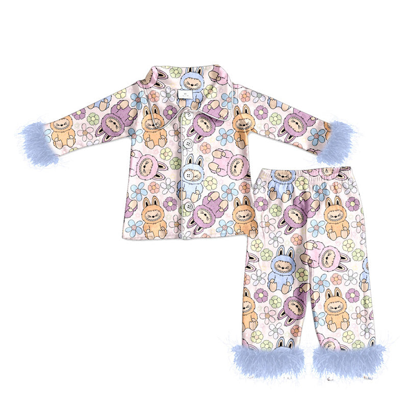 (Custom Design Preorder MOQ 5) Cartoon LABU* Print Girls Fall Buttons Fur Pajamas Clothes Set