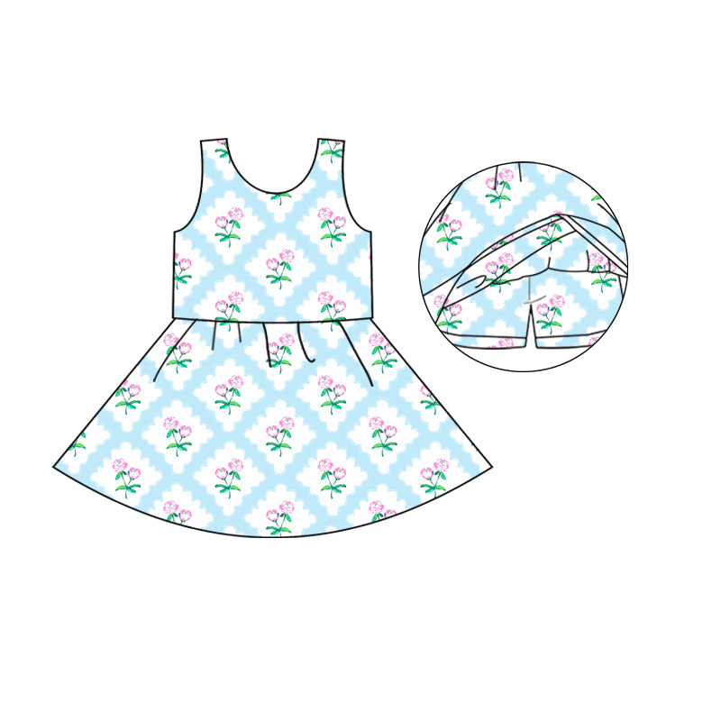 (Custom Design Preorder MOQ 5) Blue Flowers Print Girls Knee Length Summer Dress With Shorts