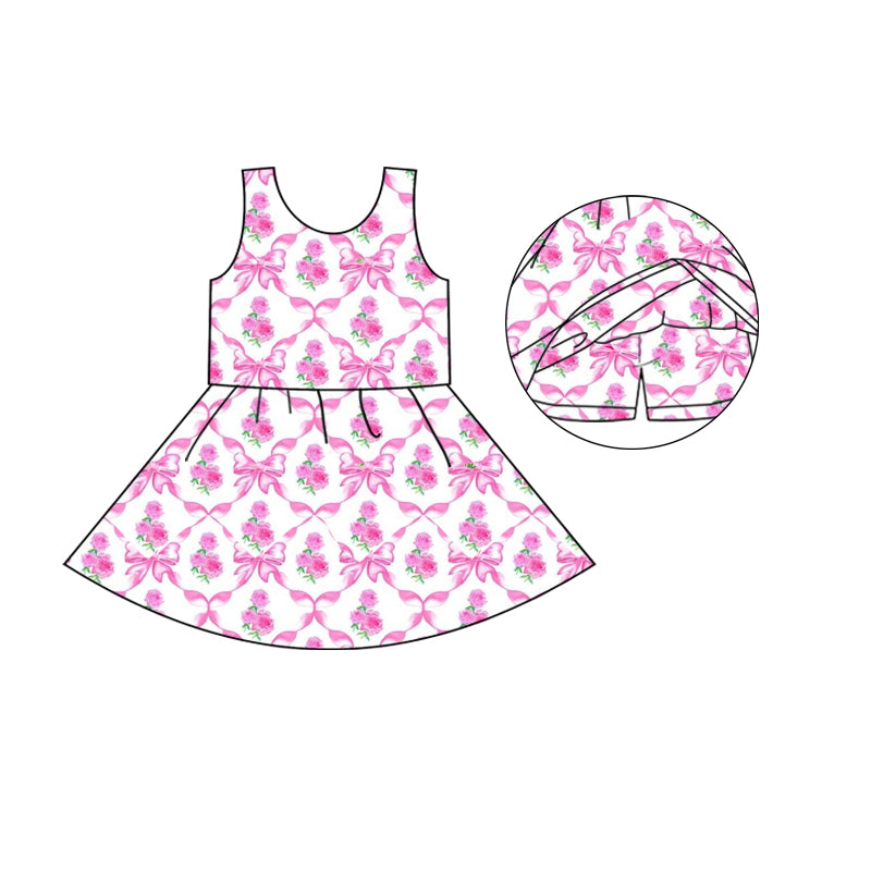 (Custom Design Preorder MOQ 5) Flowers Bows Print Girls Knee Length Summer Dress With Shorts