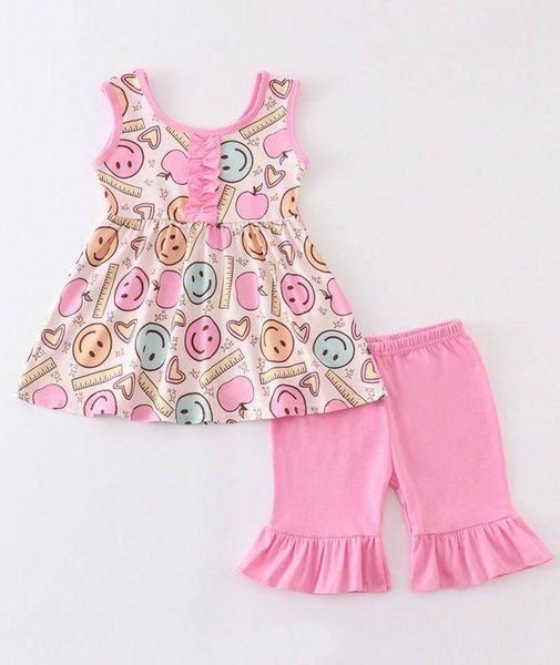 (Custom Design Preorder MOQ 5) Smiling Face Pink Apple Print Girls Summer Back To School Clothes Set