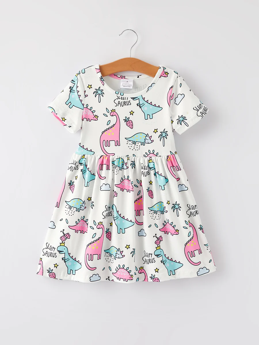 (Custom Design Preorder MOQ 5) Dino Print Girls Knee Length Dress