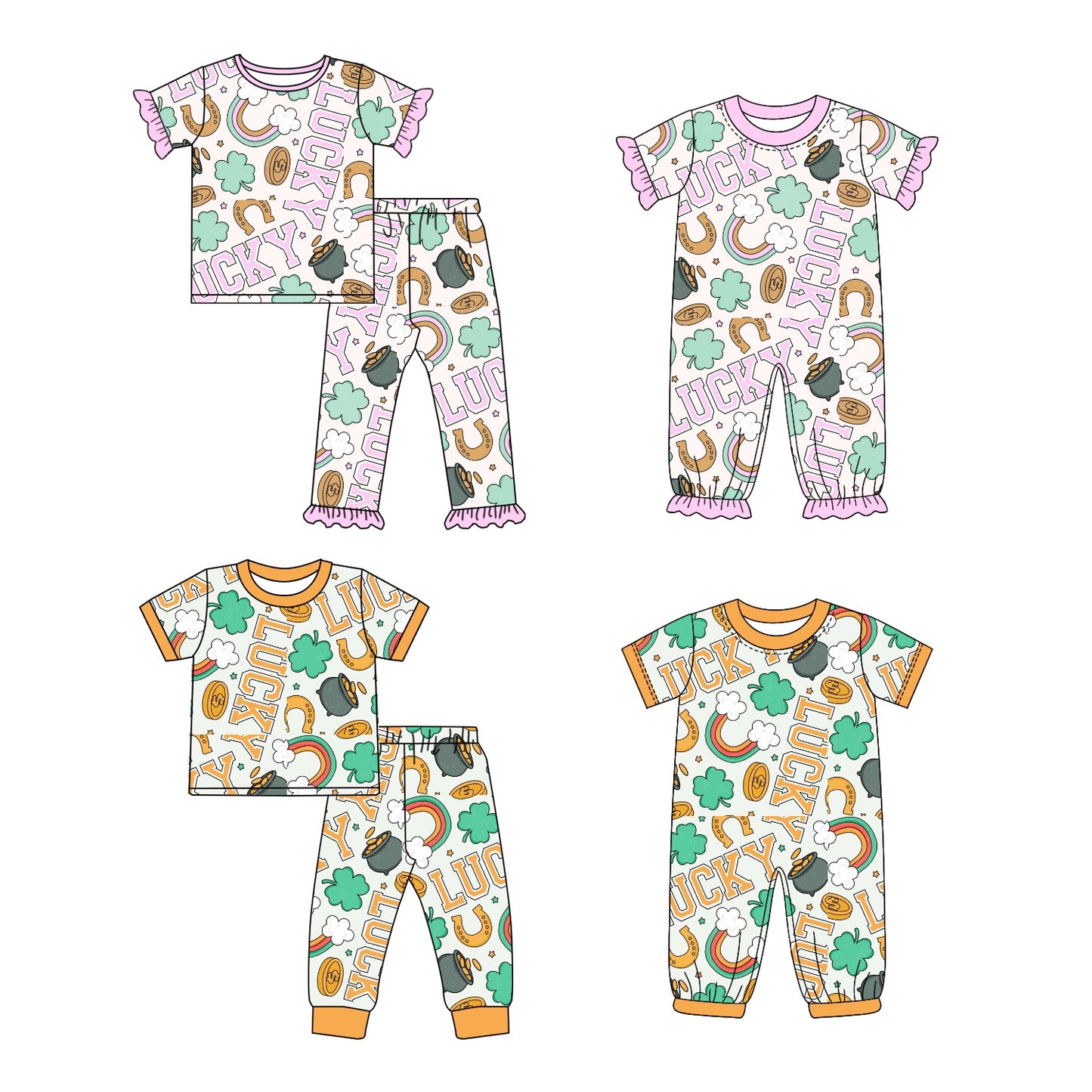 11.4(Custom Design Preorder MOQ 5 Each Design) Rainbow Leef Lucky Print Kids St. Patrick's Day Matching Clothes Set Sibling Wear